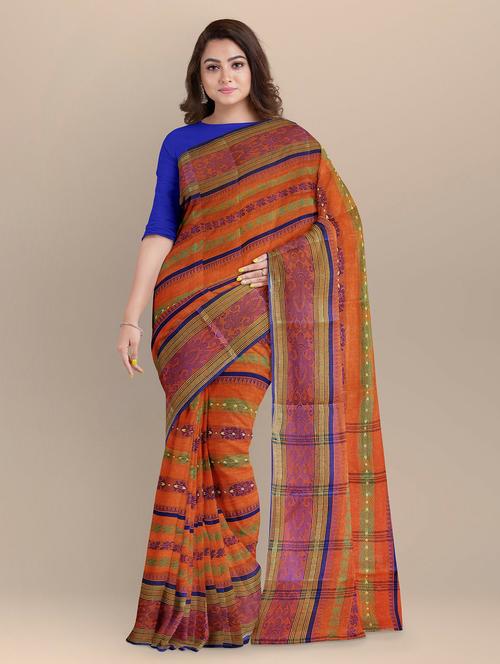 orange cotton handloom saree - 20205236 - Very Small Image - 1