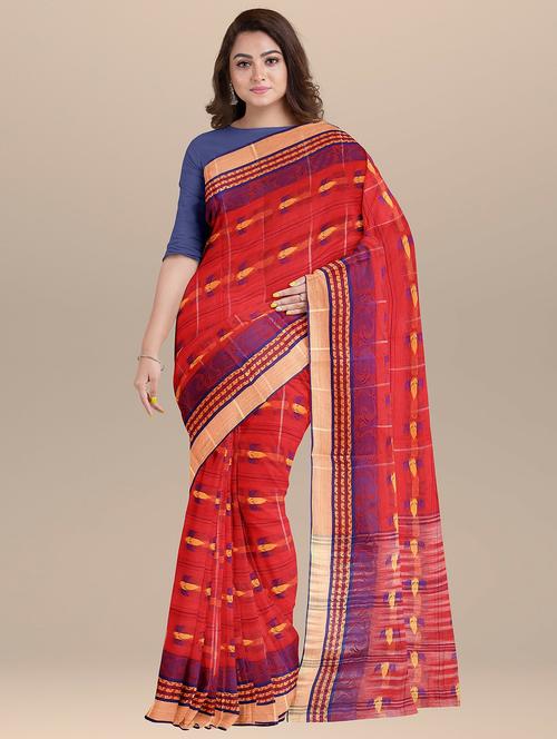 red cotton tant saree - 20205427 - Very Small Image - 1