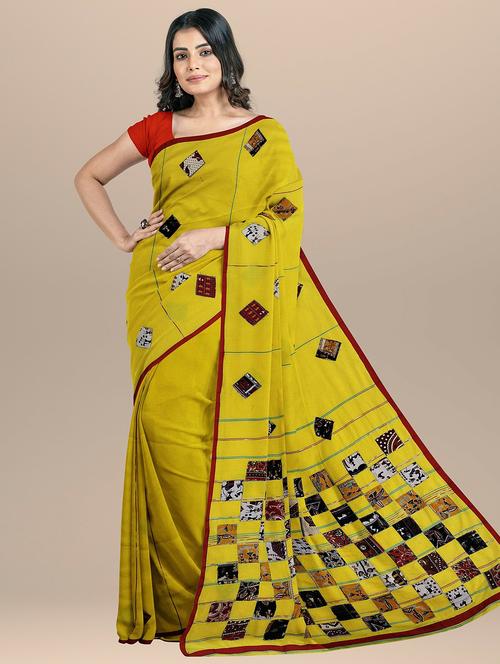 yellow cotton blend handloom saree with blouse - 20205447 - Very Small Image - 1