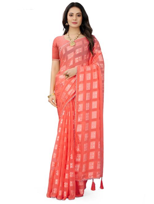 orange checkered printed saree with blouse - 20206345 - Very Small Image - 1