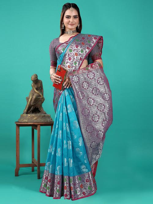 light blue silk blend banarasi saree with blouse - 20207117 - Very Small Image - 1