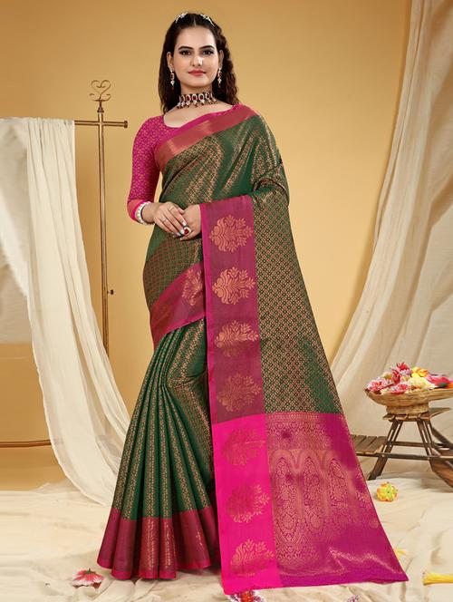 dark green silk blend kanjivaram saree - 20207158 - Very Small Image - 1