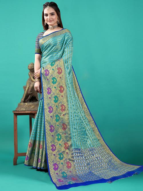 light blue silk blend banarasi saree - 20207163 - Very Small Image - 1