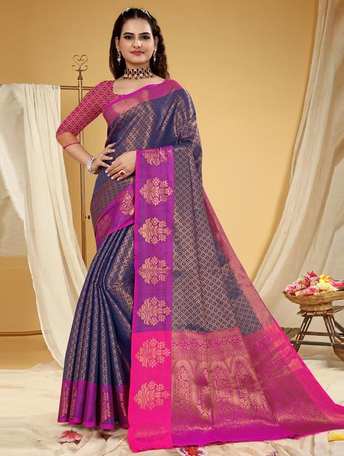 dark blue silk blend kanjivaram saree with blouse - 20207168 - Very Small Image - 1