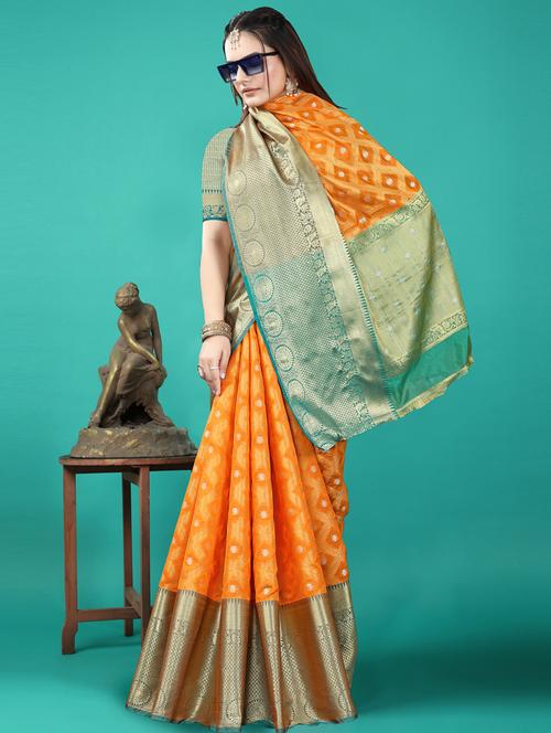 orange silk blend banarasi saree with blouse - 20207192 - Very Small Image - 1