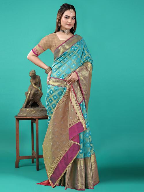 light blue silk blend banarasi saree with blouse - 20207198 - Very Small Image - 1