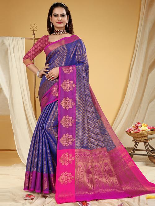 blue silk blend kanjivaram saree with blouse - 20207222 - Very Small Image - 1