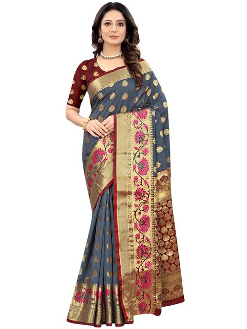 grey jacquard saree - 20207407 - Very Small Image - 1