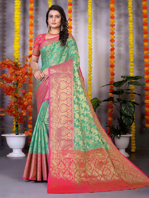 green woven saree with blouse - 20207439 - Very Small Image - 1