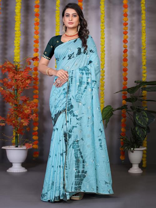 light blue tie & dye embroidered saree with blouse - 20207600 - Very Small Image - 1