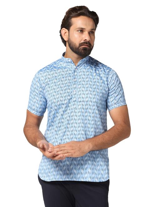 light blue printed cotton short kurta - 20207701 - Very Small Image - 1