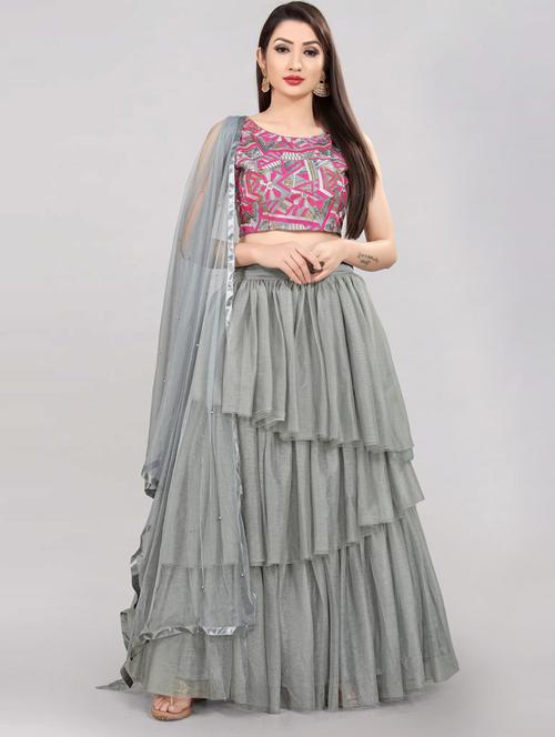 grey semi-stitched flared lehenga - 20207827 - Very Small Image - 1