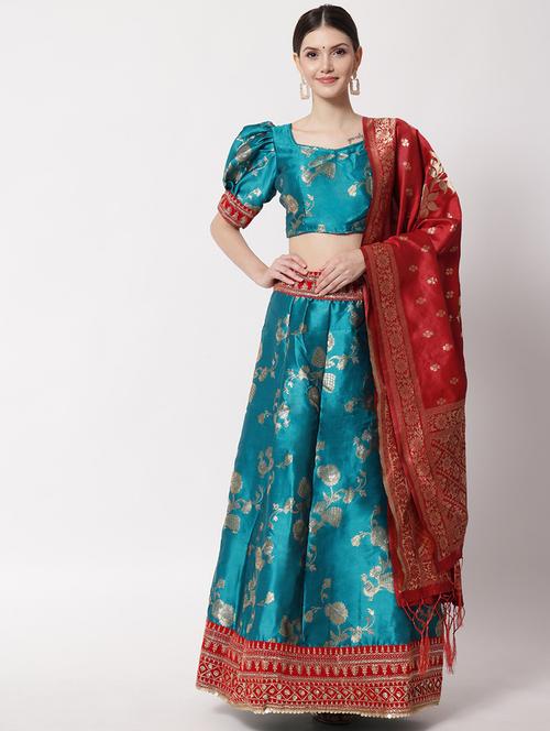 blue semi-stitched flared lehenga - 20208365 - Very Small Image - 1