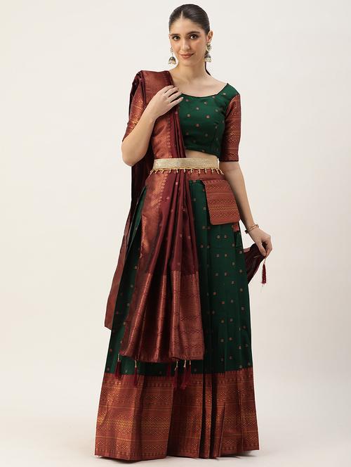 green semi-stitched banarasi lehenga - 20208410 - Very Small Image - 1