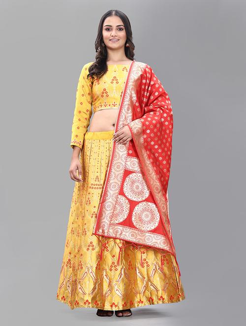 yellow semi-stitched banarasi lehenga - 20208421 - Very Small Image - 1
