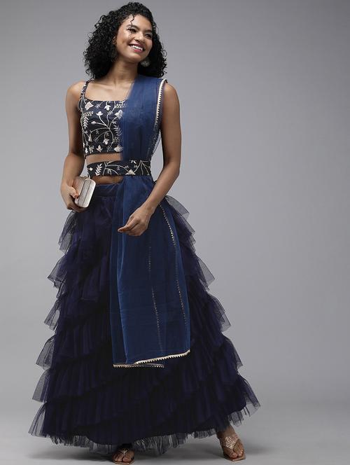 navy blue colored tiered lehenga - 20208592 - Very Small Image - 1