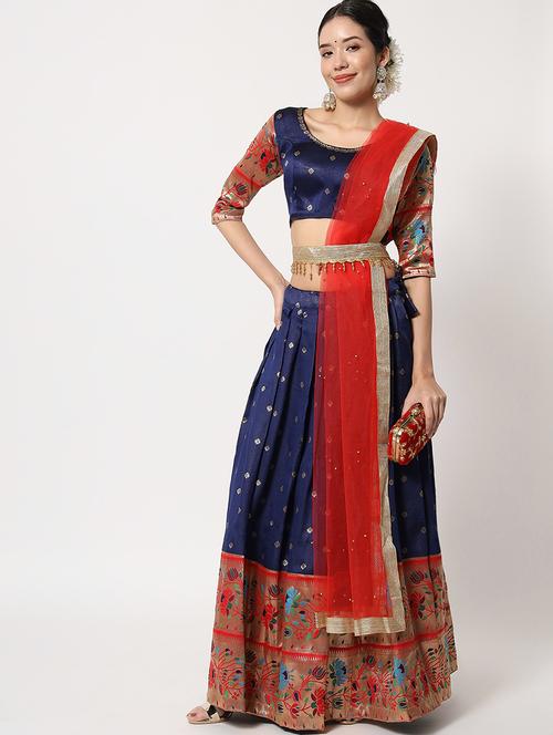 zari work navy blue lehenga saree - 20208651 - Very Small Image - 1