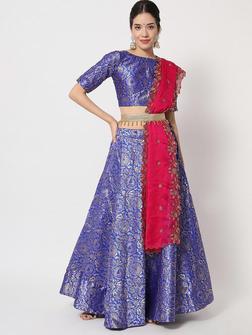 zari work semi-stitched lehenga saree - 20208701 - Very Small Image - 1