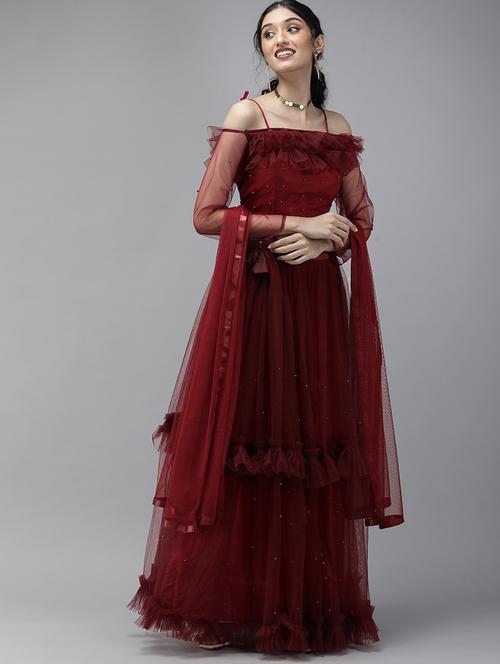 maroon colored tiered lehenga - 20208709 - Very Small Image - 1