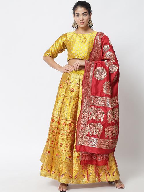 yellow self design semi-stitched lehenga - 20208840 - Very Small Image - 1