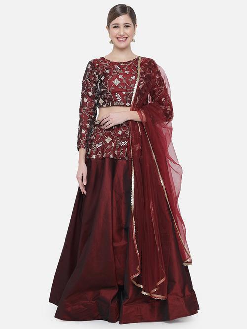 burgundy colored flared lehenga - 20209055 - Very Small Image - 1