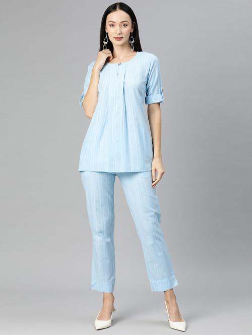 light blue keyhole neck striped top and trouser co-ord set - 20209257 - Very Small Image - 1