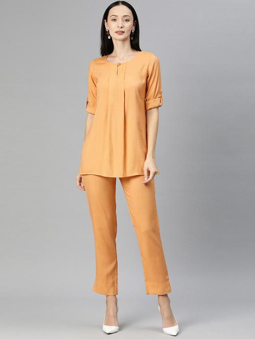 orange keyhole neck solid top and trouser co-ord set - 20209258 - Very Small Image - 1