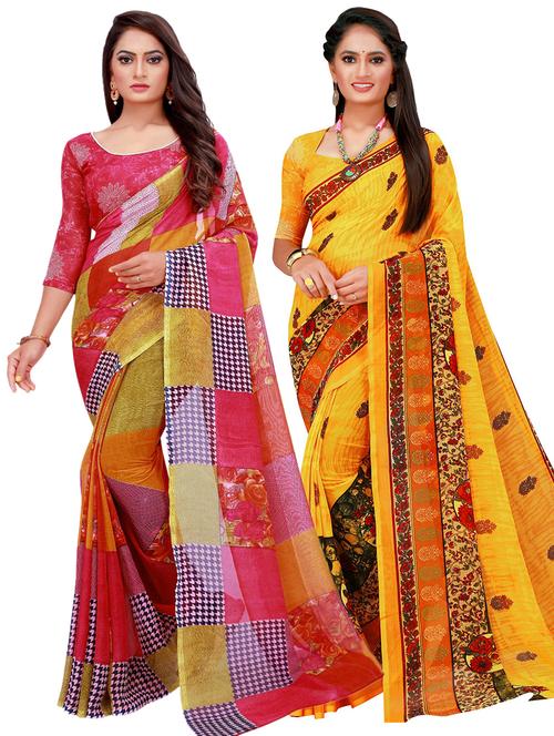 pack of 2 printed sarees with blouse - 20209404 - Very Small Image - 1