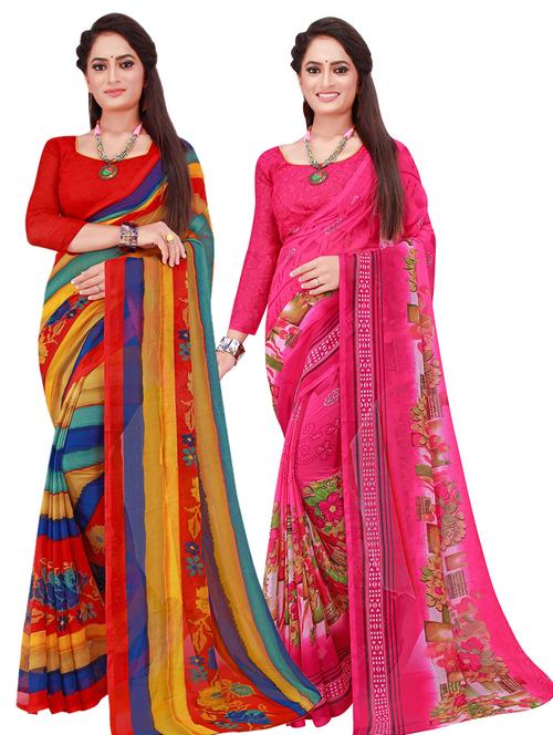 pack of 2 printed sarees with blouse - 20209435 - Very Small Image - 1