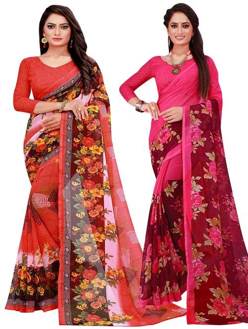 pack of 2 printed sarees with blouse - 20209508 - Very Small Image - 1