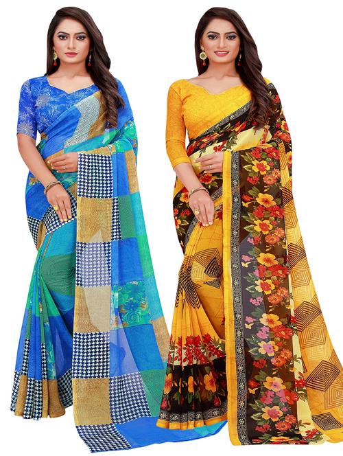 pack of 2 printed sarees with blouse - 20209530 - Very Small Image - 1