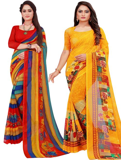 pack of 2 printed sarees with blouse - 20209570 - Very Small Image - 1