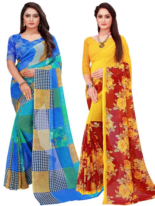 pack of 2 printed sarees with blouse - 20209582 - Very Small Image - 1