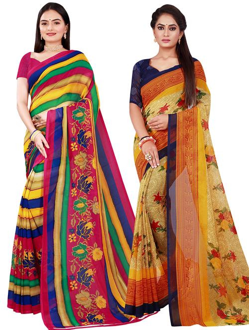 pack of 2 printed sarees with blouse - 20209609 - Very Small Image - 1