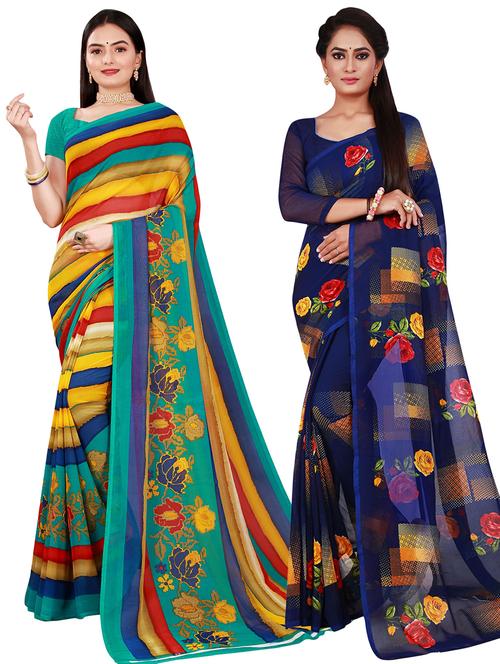 pack of 2 printed sarees with blouse - 20209612 - Very Small Image - 1