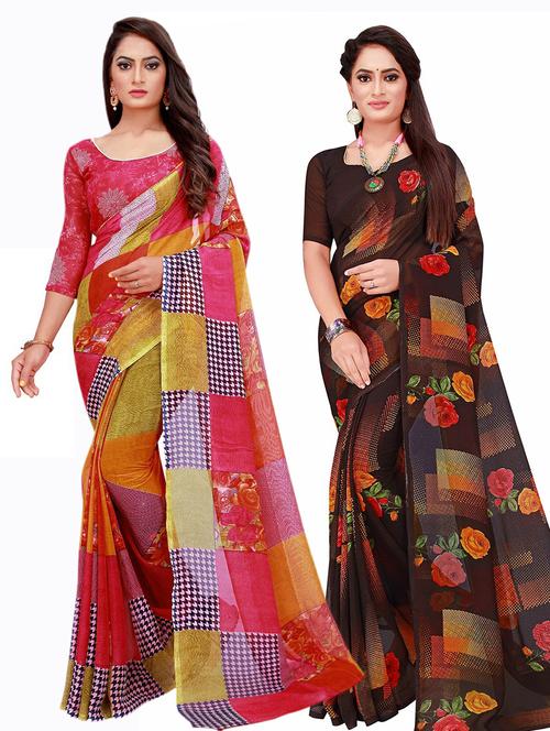 women's printed multi colored saree with blouse - 20210165 - Very Small Image - 1