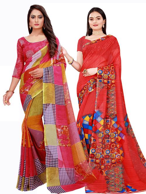 pack of 2 printed saree with blouse - 20210181 - Very Small Image - 1