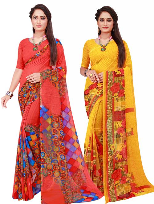 pack of 2 printed sarees with blouse - 20210867 - Very Small Image - 1