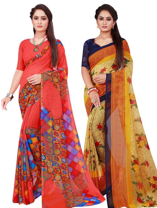 pack of 2 printed georgette saree with blouse - 20210895 - Very Small Image - 1