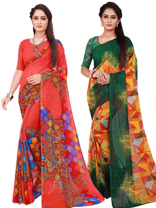 pack of 2 printed georgette saree with blouse - 20210897 - Very Small Image - 1