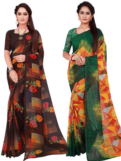 pack of 2 printed georgette saree with blouse - 20210954 - Very Small Image - 1