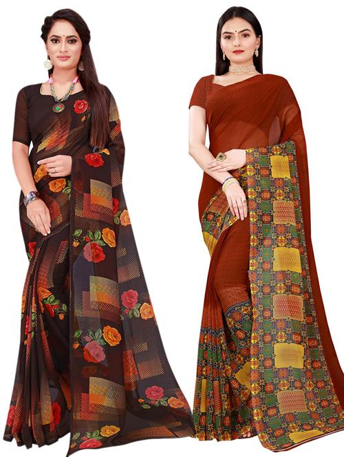 women's printed brown colored saree with blouse - 20210976 - Very Small Image - 1