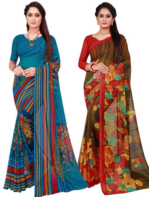 pack of 2 printed sarees with blouse - 20210997 - Very Small Image - 1