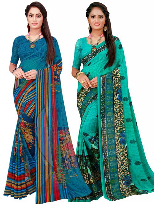 women's printed multi colored saree with blouse - 20211000 - Very Small Image - 1