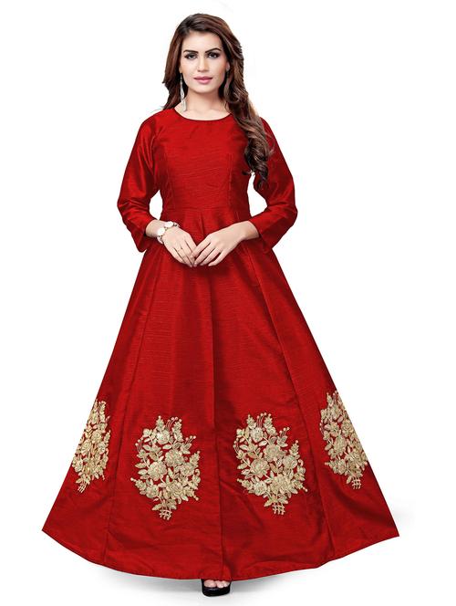 red solids round neck a-line gown - 20211815 - Very Small Image - 1