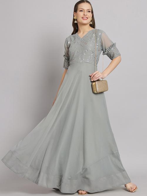 v neck sequined grey flared gown - 20211835 - Very Small Image - 1