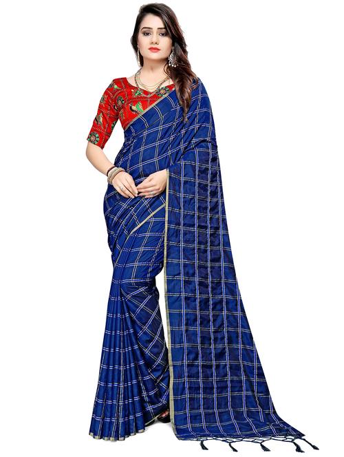check printed saree with blouse - 20211974 - Very Small Image - 1
