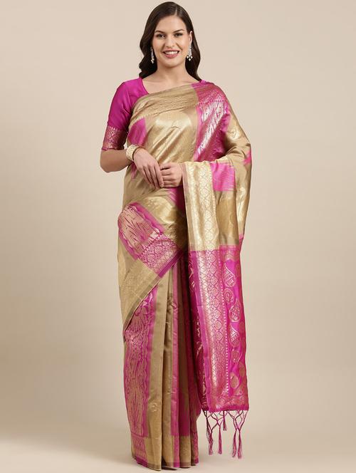 golden border jacquard work banarasi saree - 20212074 - Very Small Image - 1