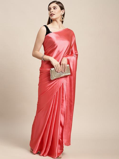 peach satin plain saree with blouse - 20212107 - Very Small Image - 1
