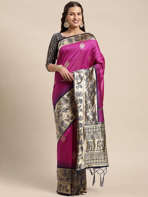 fuscia warli art woven saree with blouse - 20212124 - Very Small Image - 1
